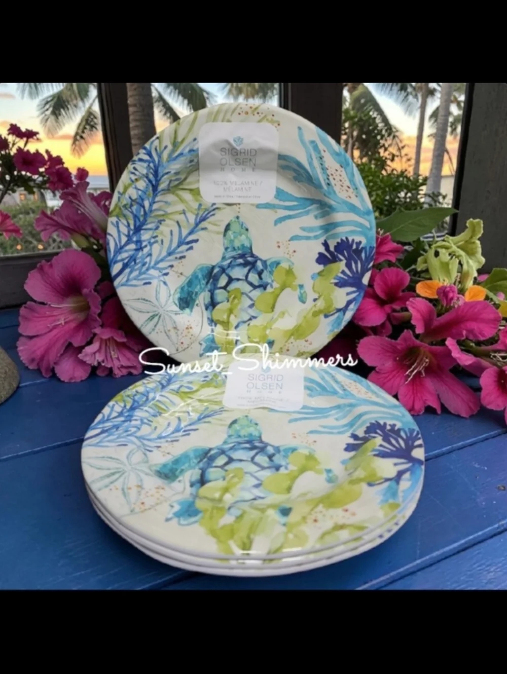 4 Sigrid Olsen Melamine Salad App Dessert Plate Sea Turtle Blue Green Watercolor